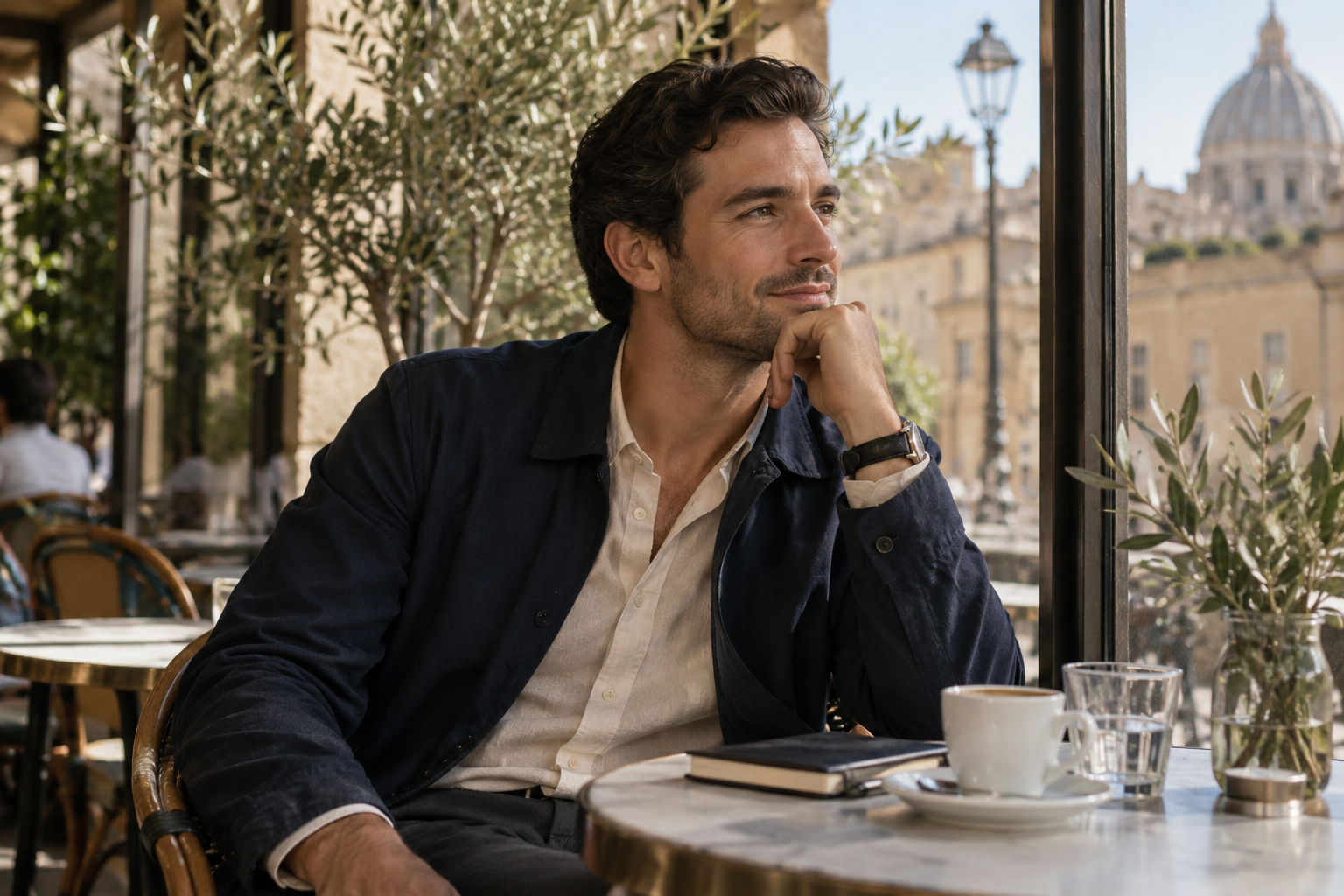A thoughtfully dressed man at a sunlit café